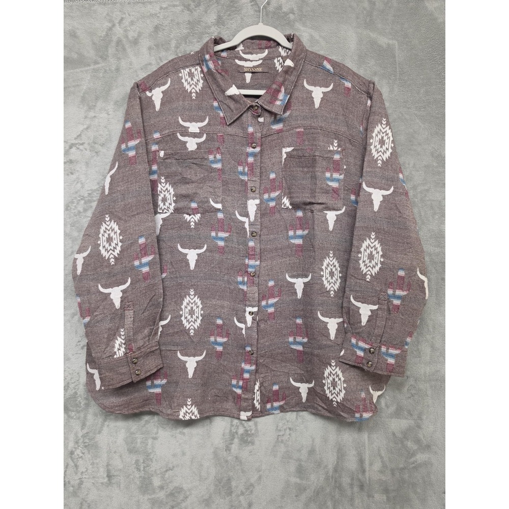 Shyanne Womens XXXL Brown Southwestern Cactus Longhorn Western Button Up Shirt
